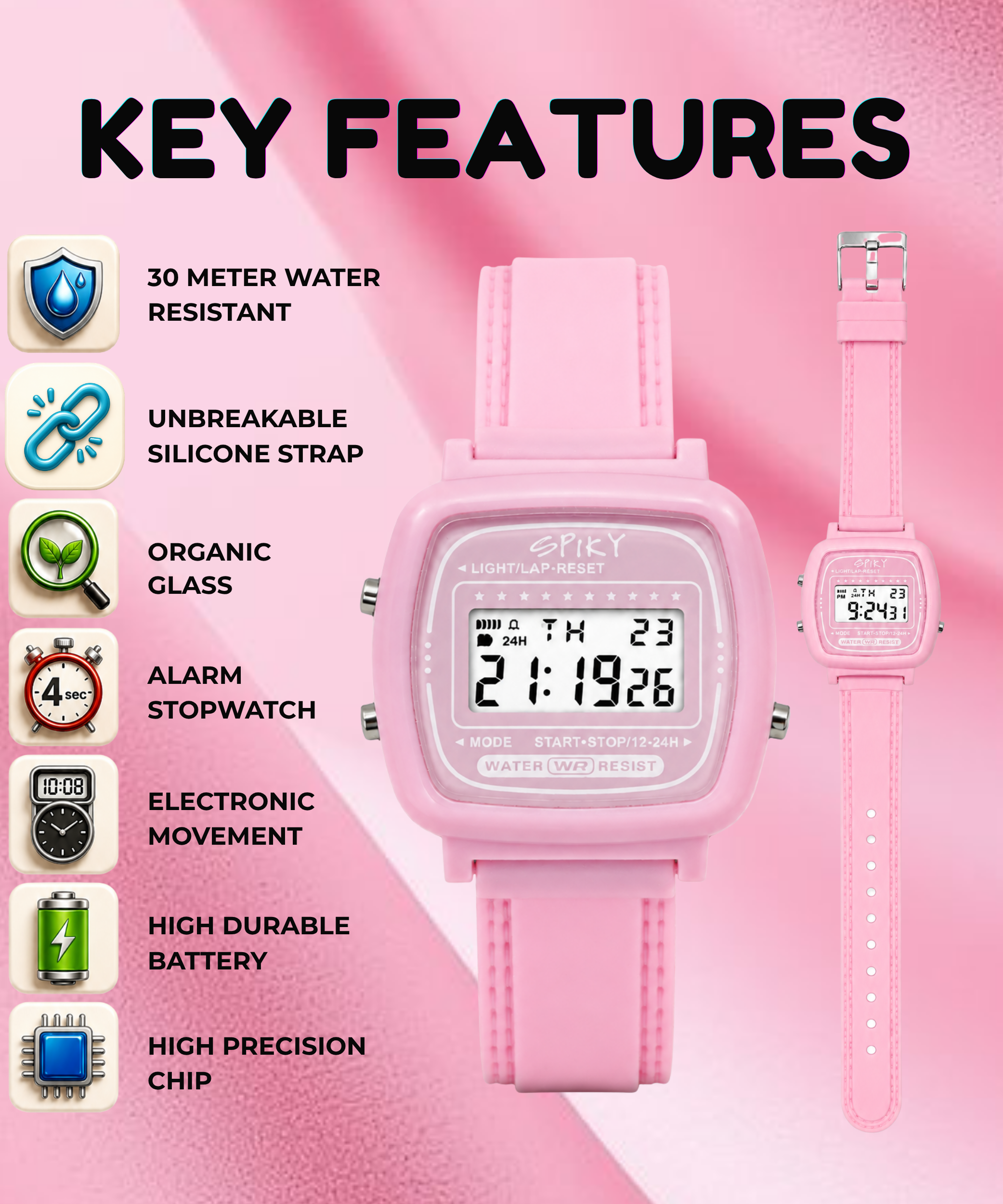 Spiky Square Digital Sports Watch for Kids Girls