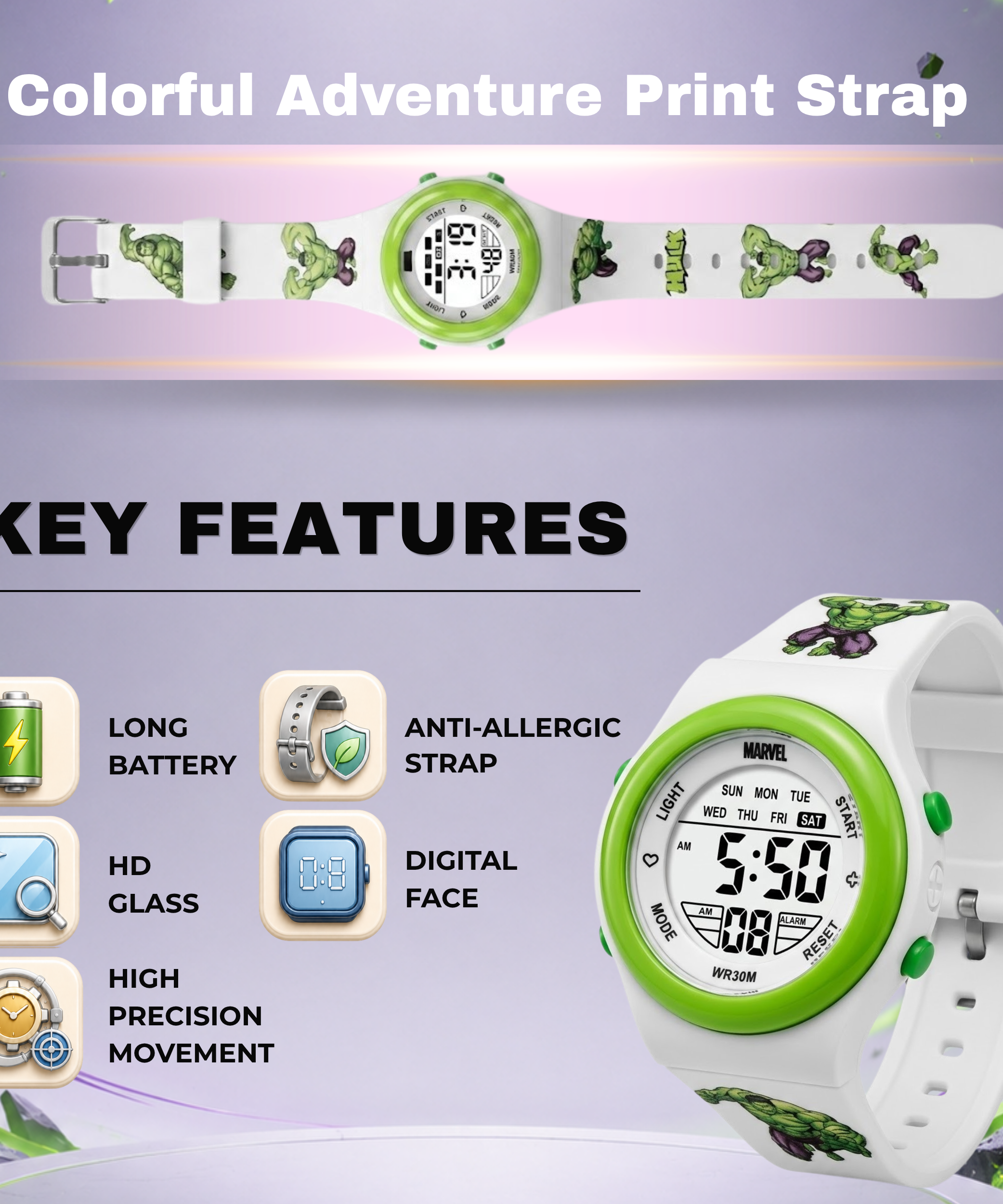 Spiky Superhero Hulk theme Digital Kids Watch
