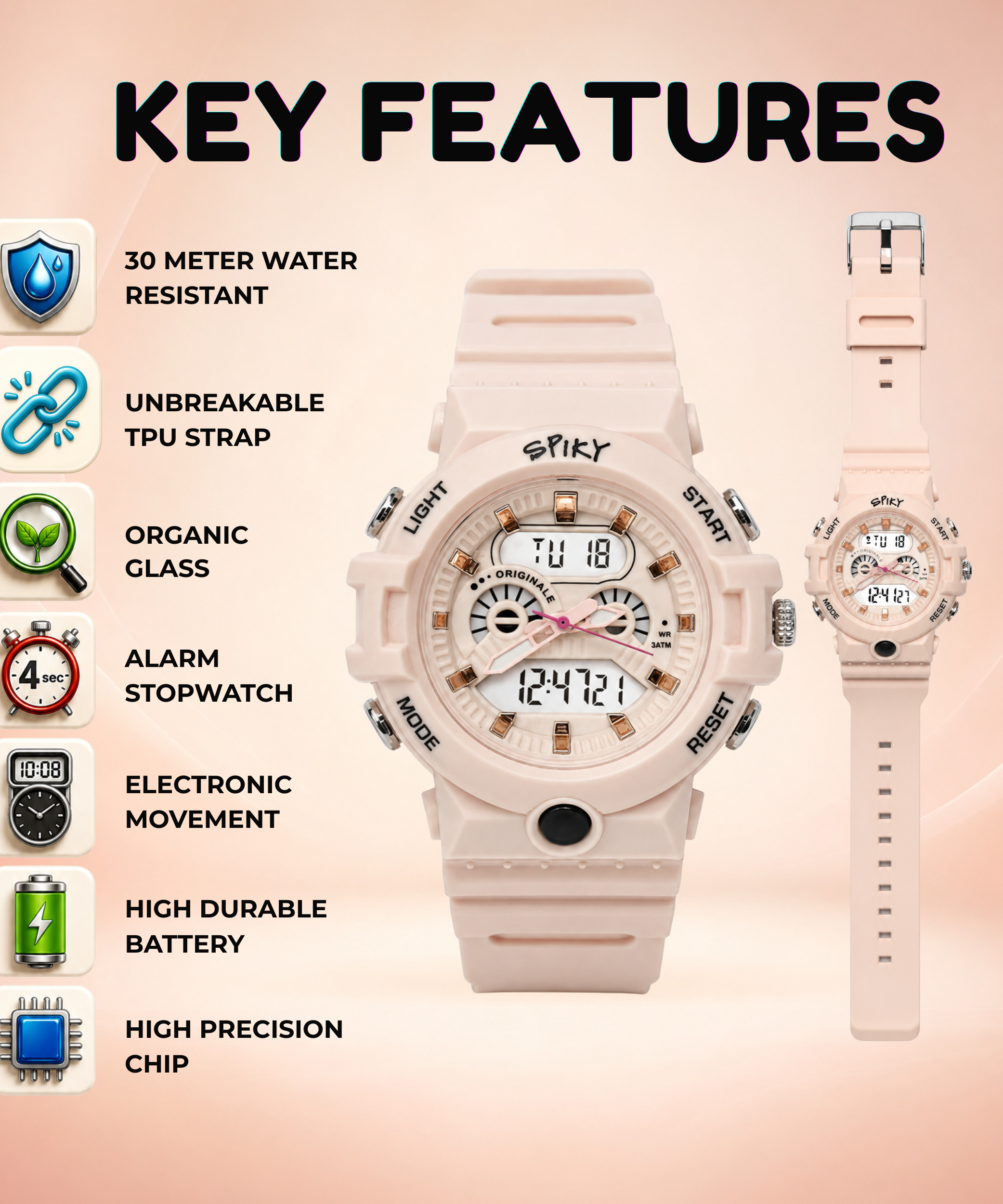 Spiky Round Analog Digital  Sports Watch for Kids Girls