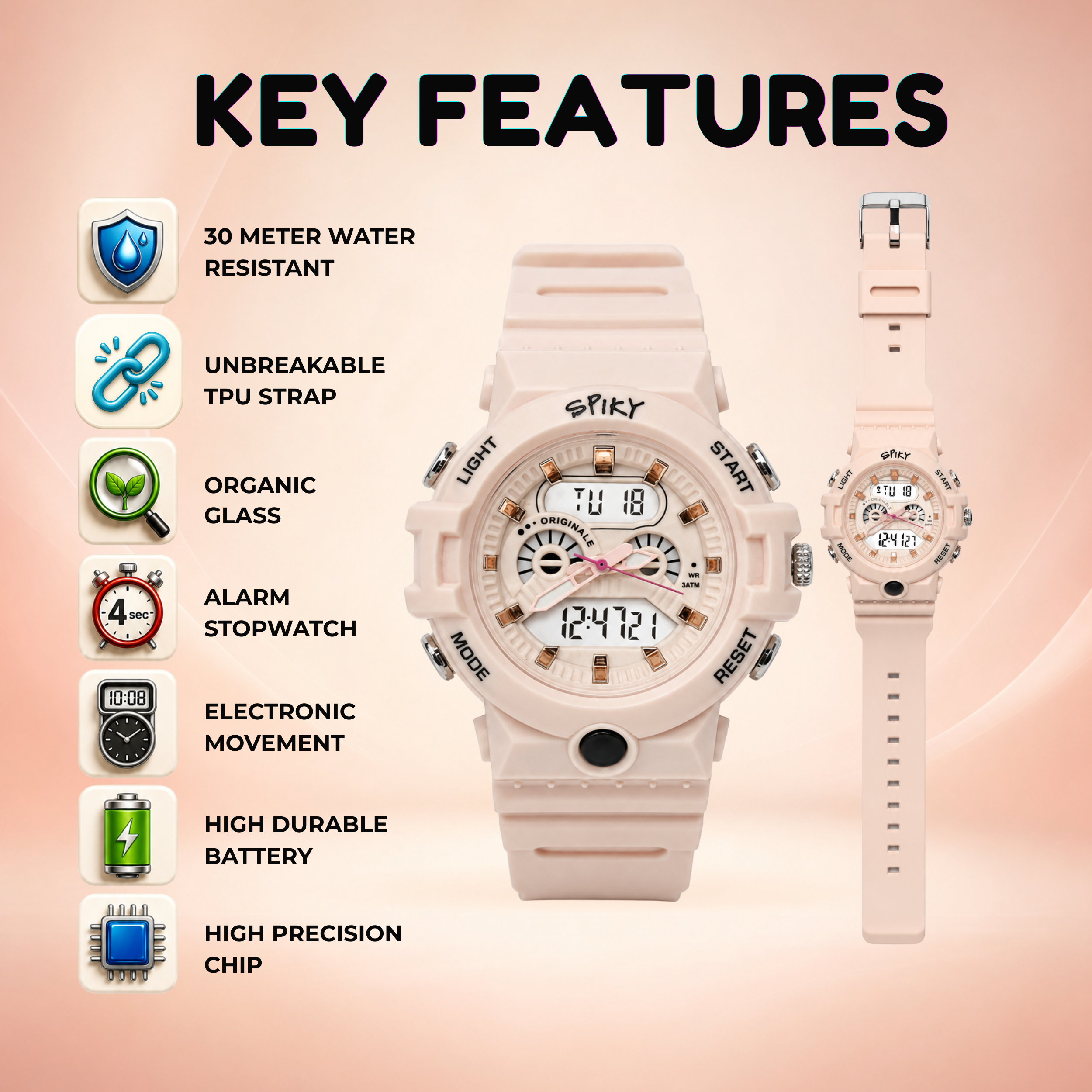 Spiky Round Analog Digital  Sports Watch for Kids Girls