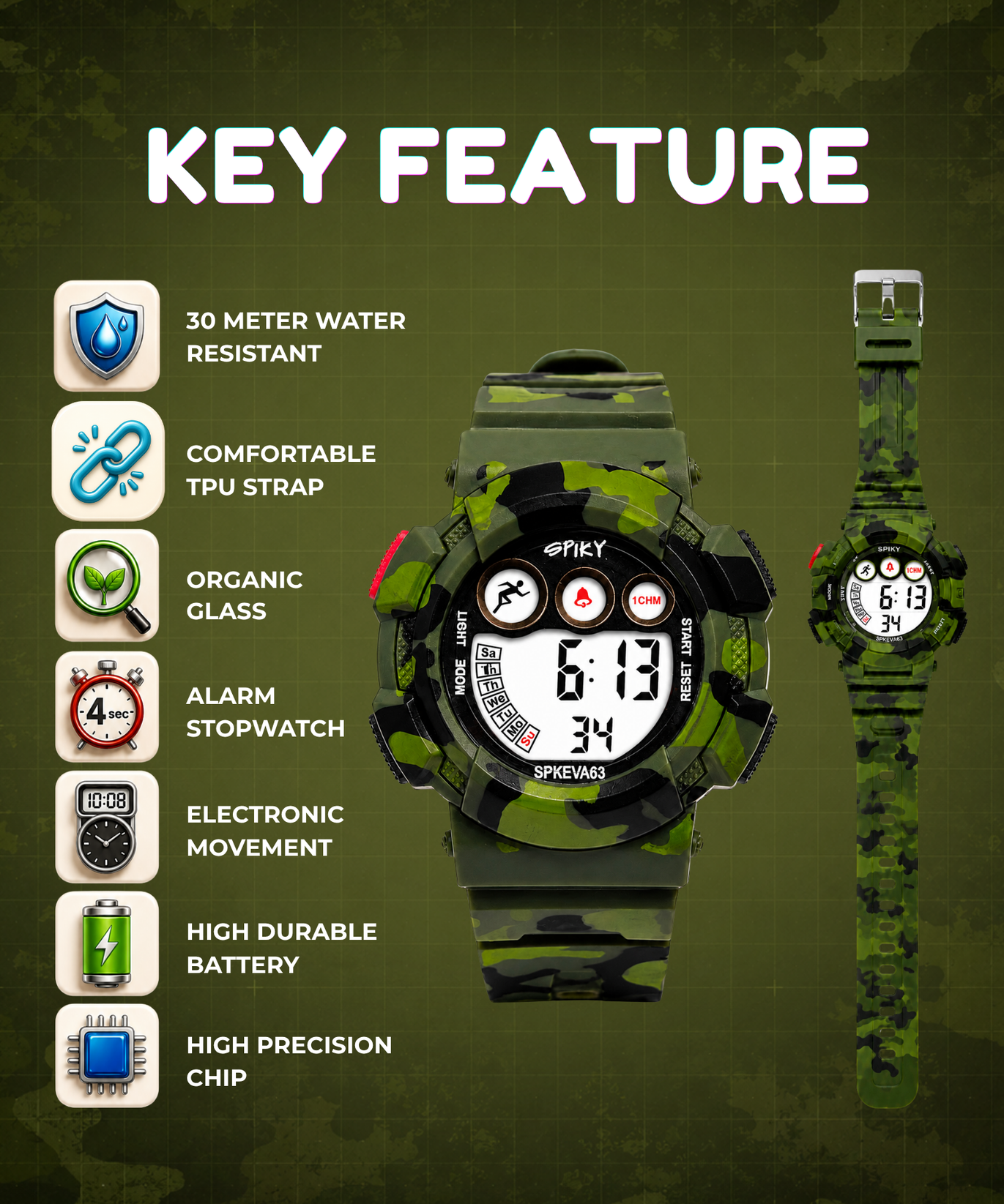 SPIKY Round Digital Sports Watch for Kids | Military, Camouflage Design