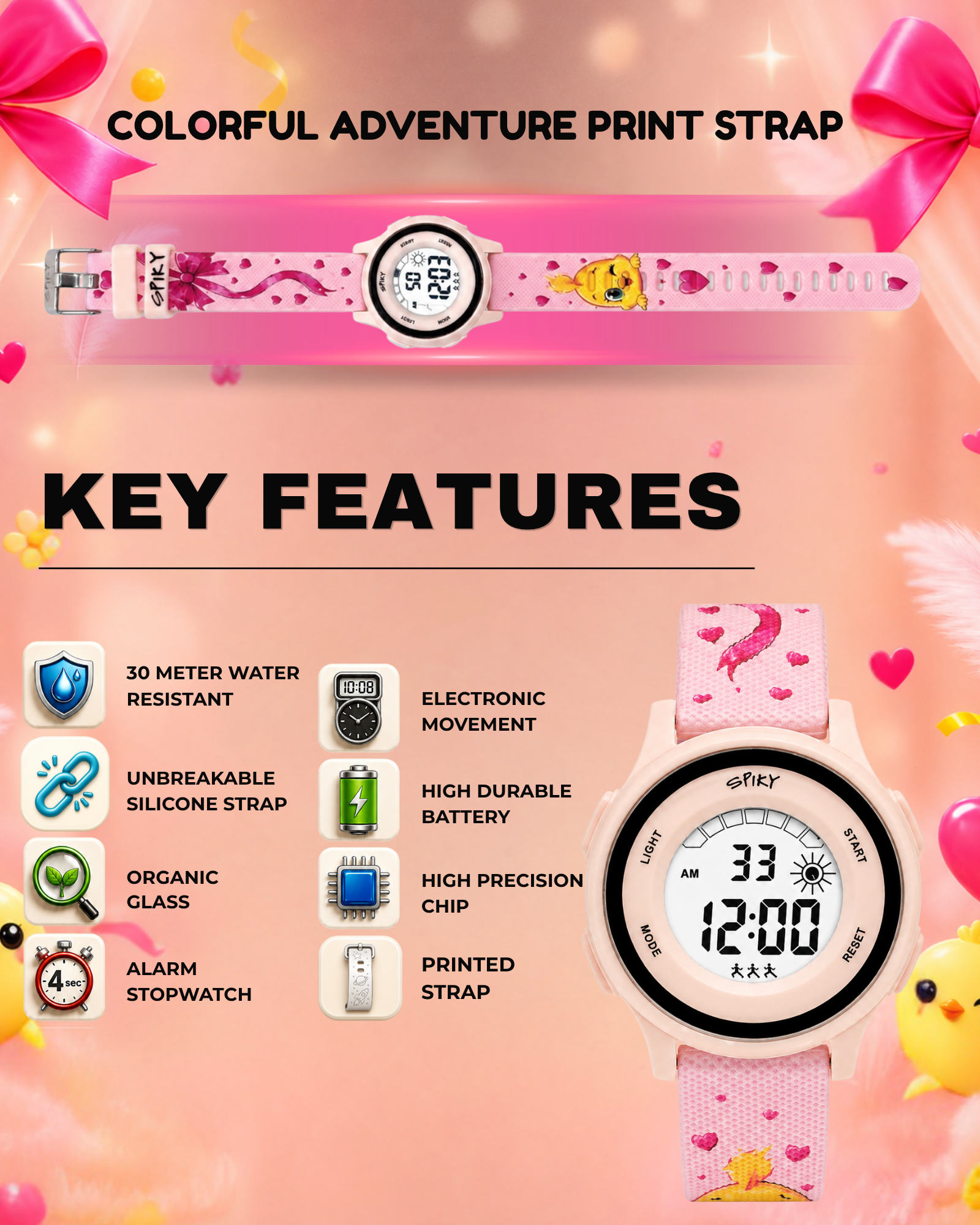 Spiky Round Kids Digital Watch for Girls