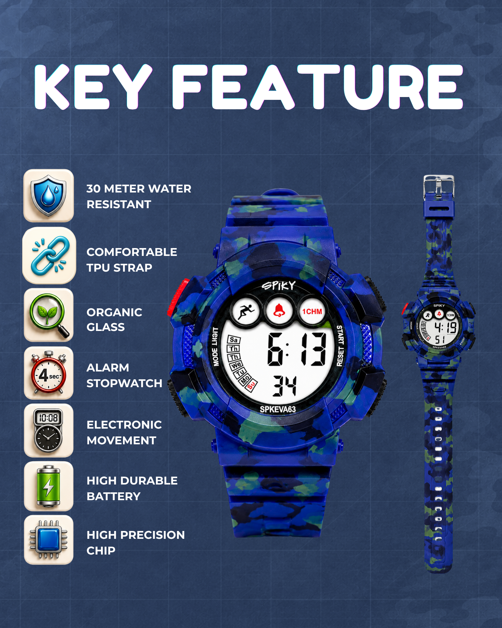 SPIKY Round Digital Sports Watch for Kids | Military, Camouflage Design