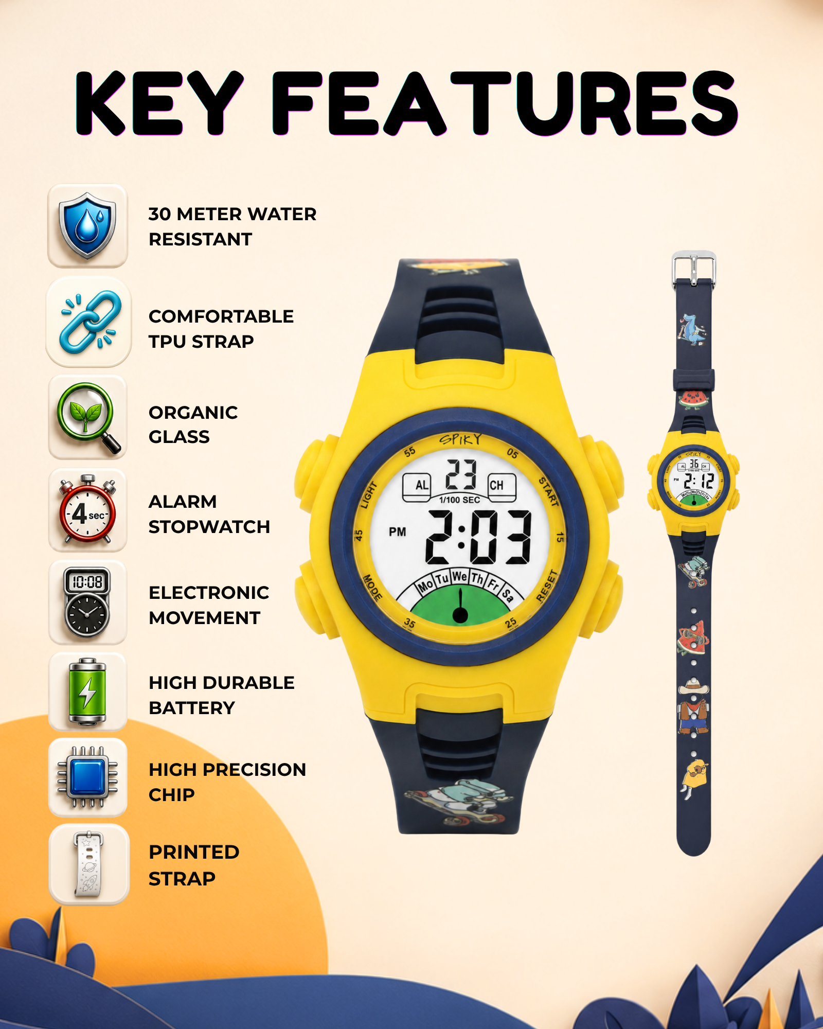 Spiky EVA52 Round Digital Sports Watch for Kids