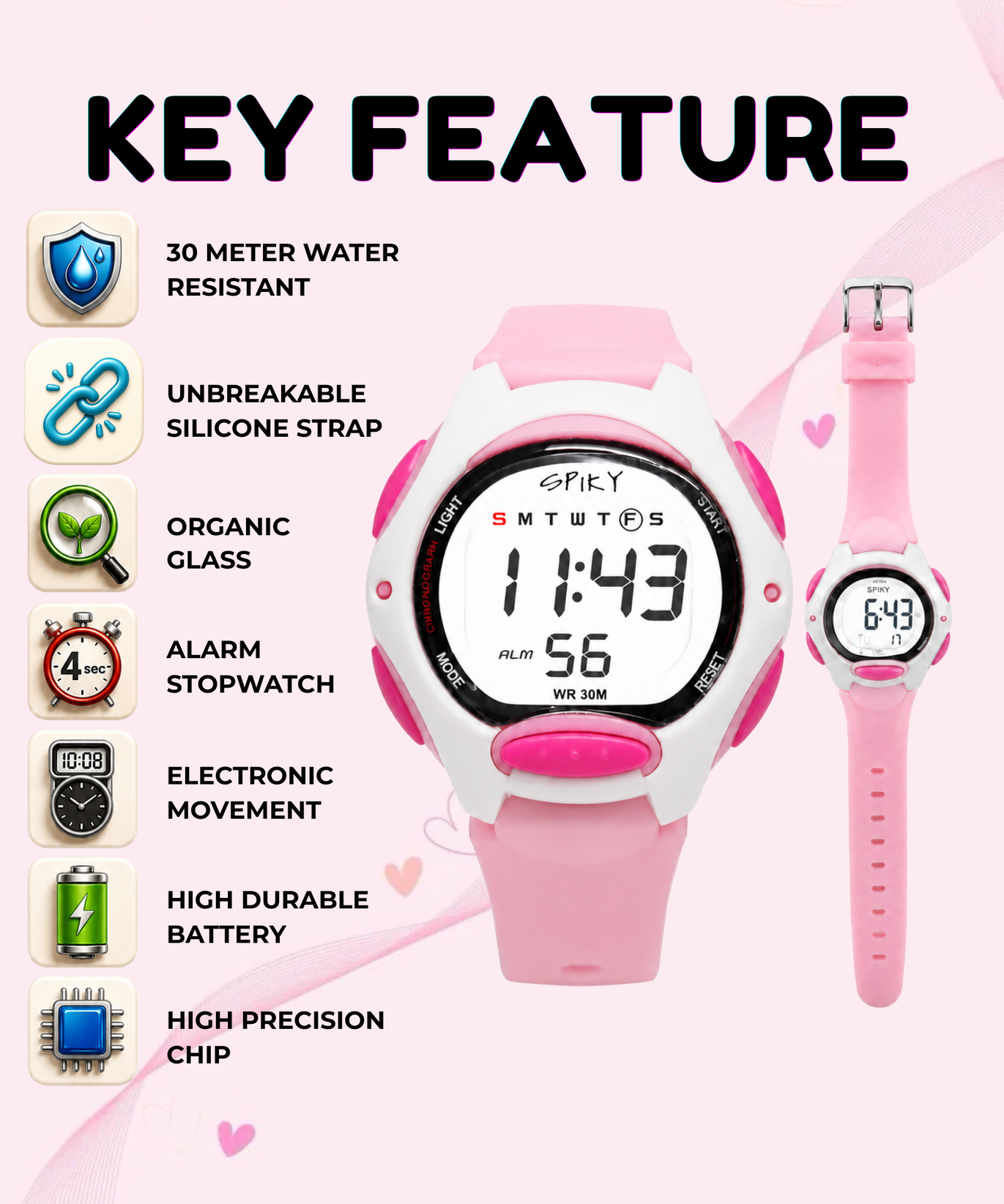 Spiky Eva2 Round Digital Kids Sports Watch - Pink