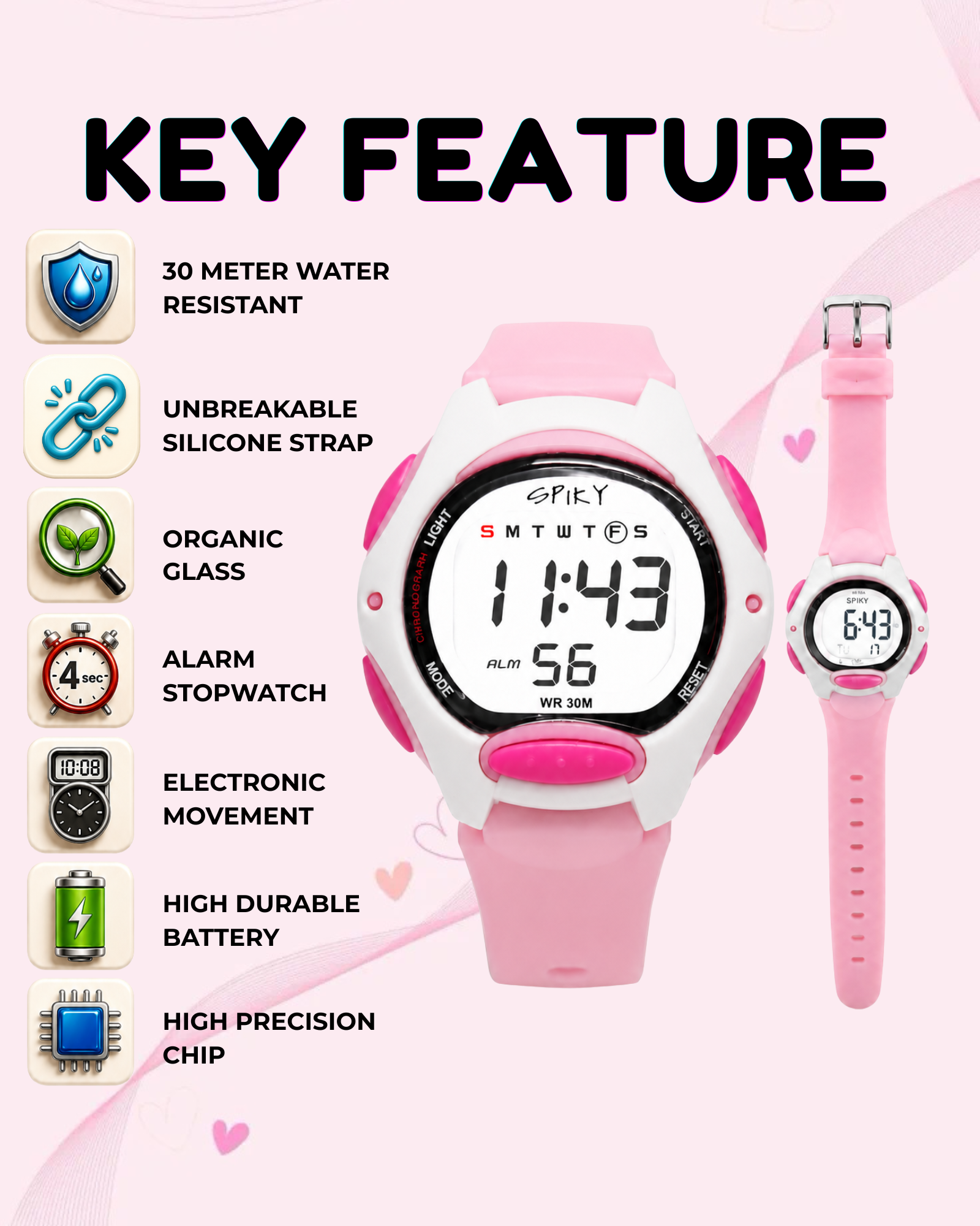 Spiky Eva2 Round Digital Kids Sports Watch - Pink