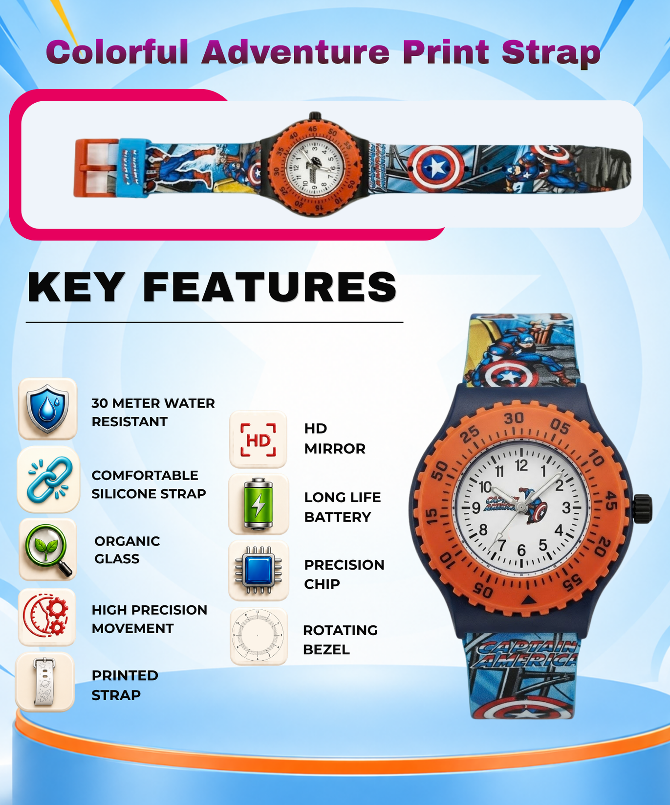 Spiky Round Captain America Themed Analog Watch