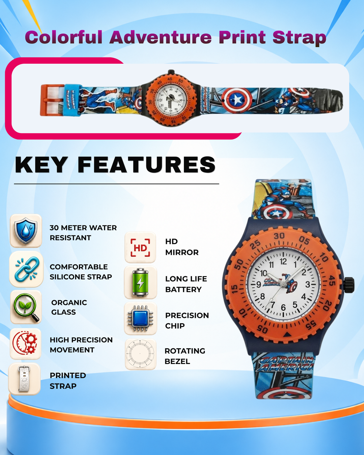 Spiky Round Captain America Themed Analog Watch