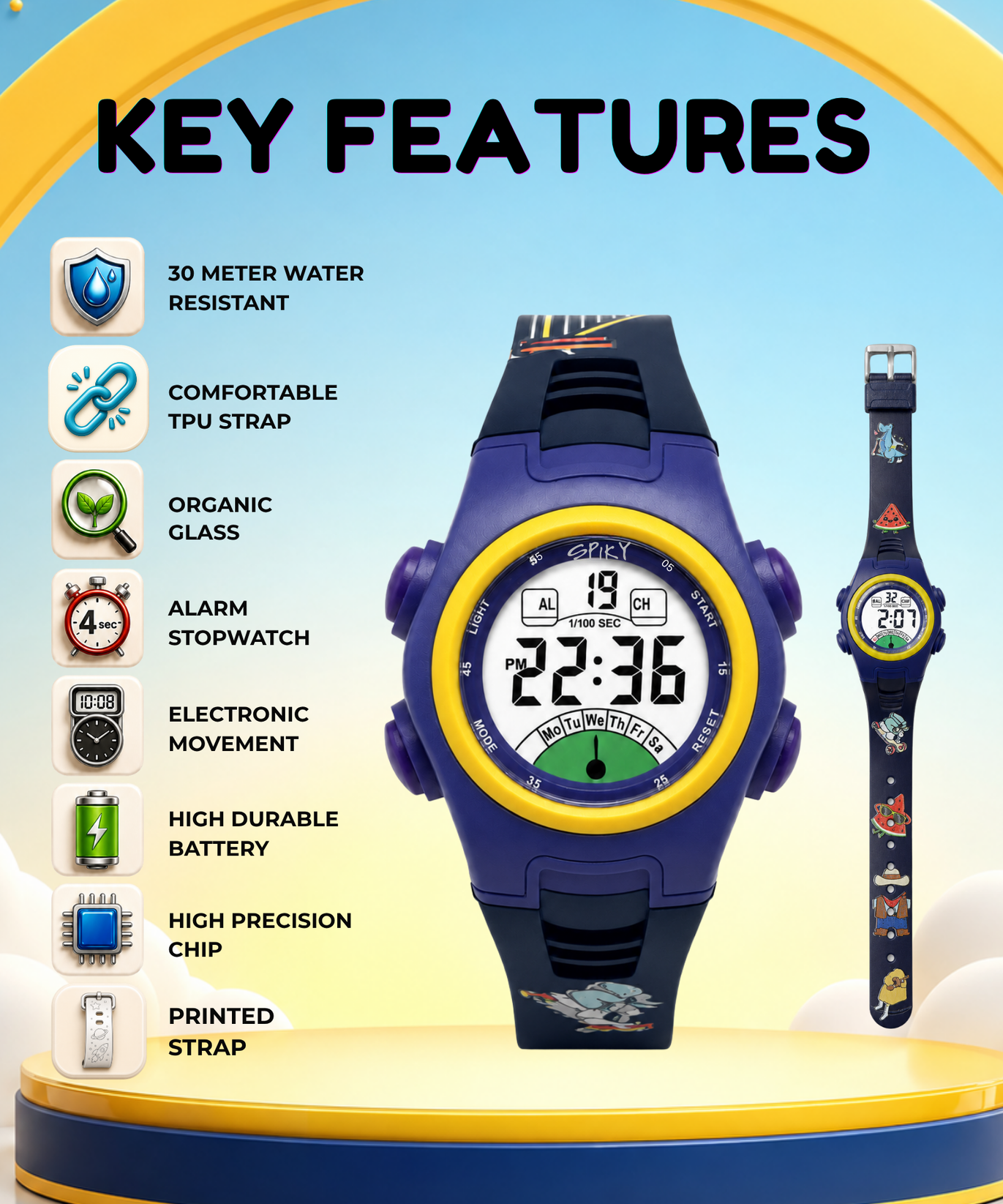 Spiky EVA52 Round Digital Sports Watch for Kids