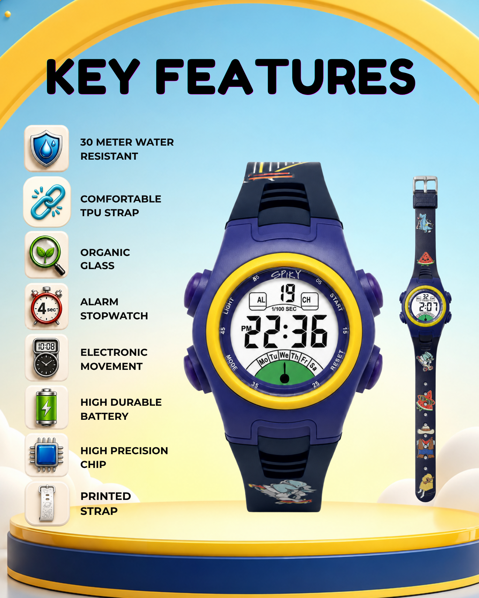 Spiky EVA52 Round Digital Sports Watch for Kids