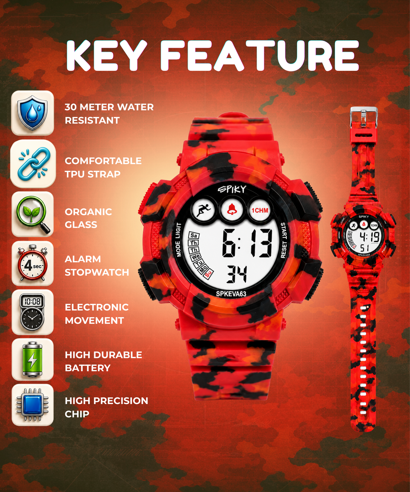 SPIKY Round Digital Sports Watch for Kids | Military, Camouflage Design