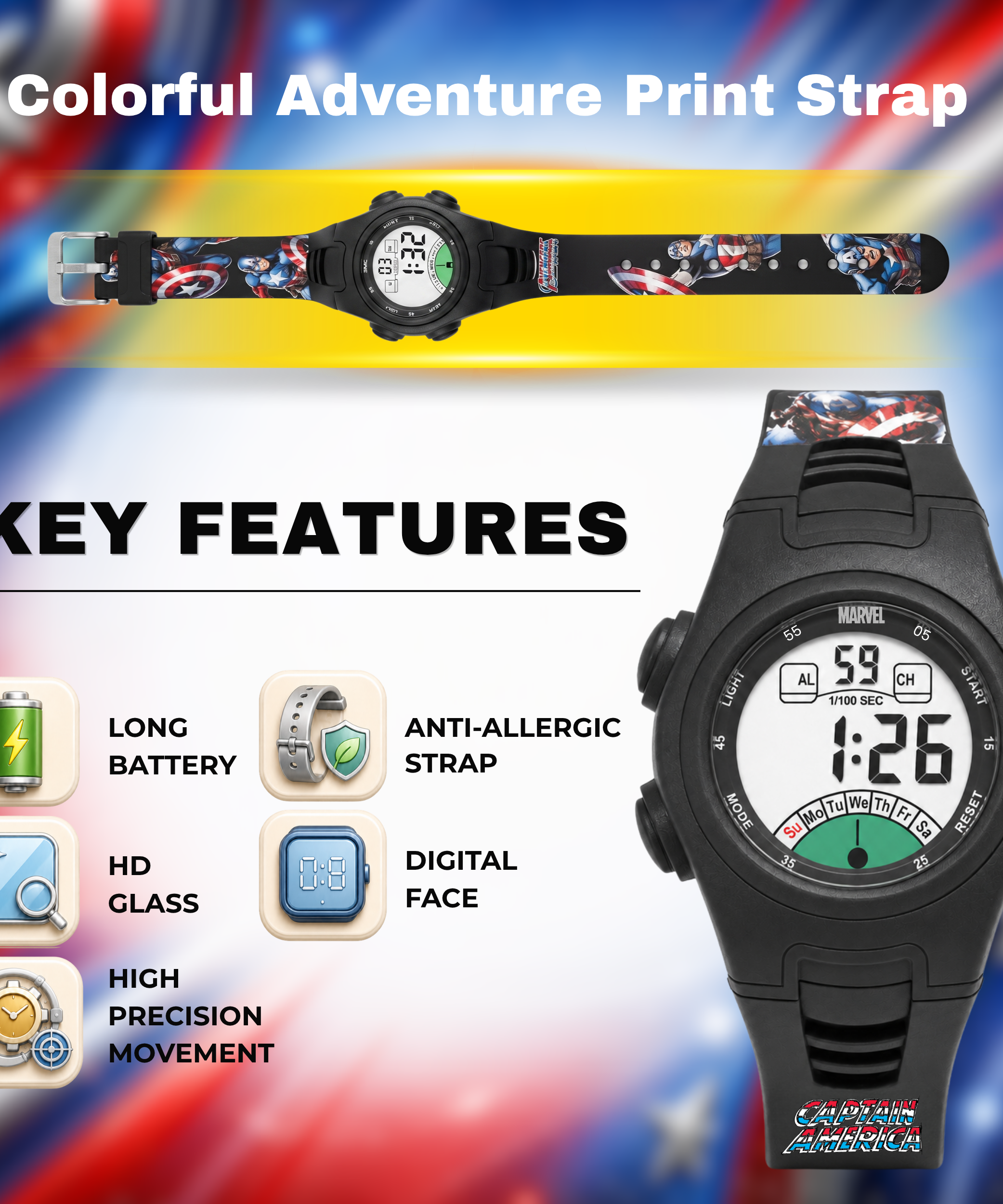 Spiky Captain America theme Digital Kids Watch