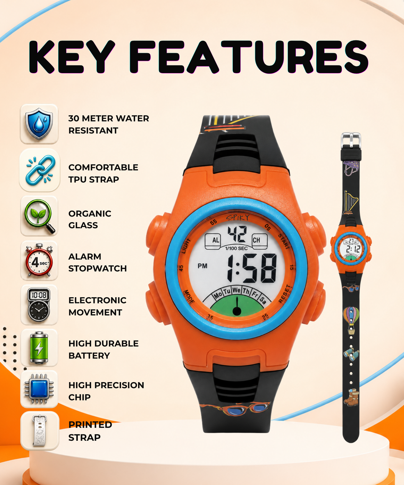 Spiky EVA52 Round Digital Sports Watch for Kids