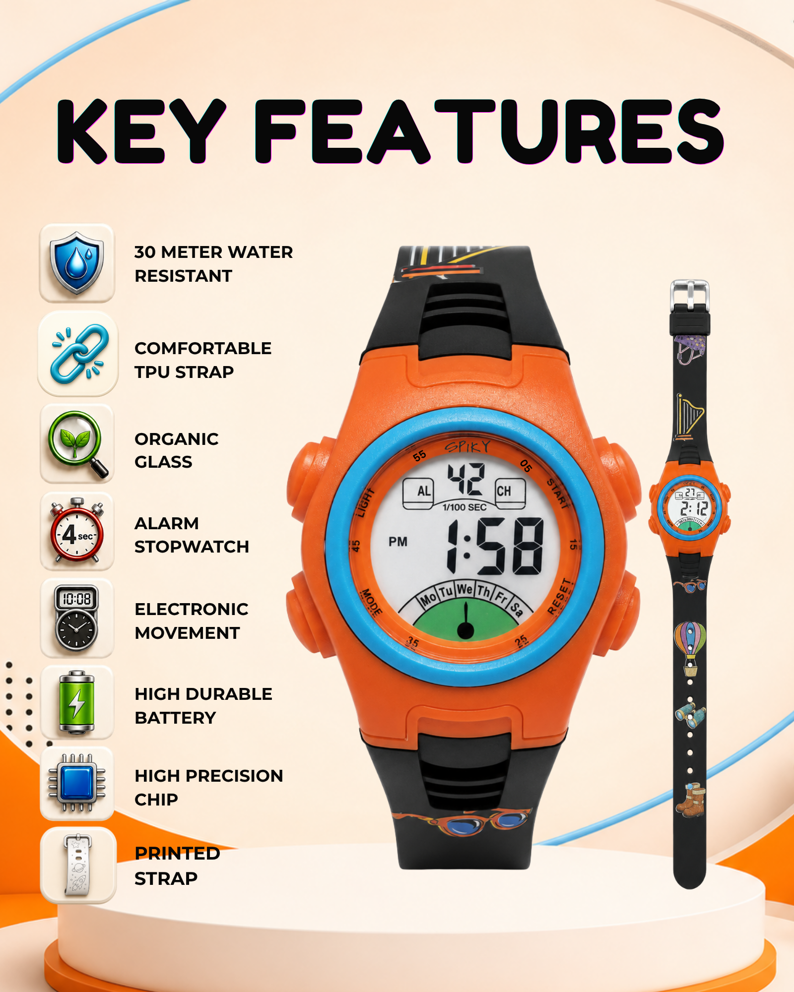 Spiky EVA52 Round Digital Sports Watch for Kids