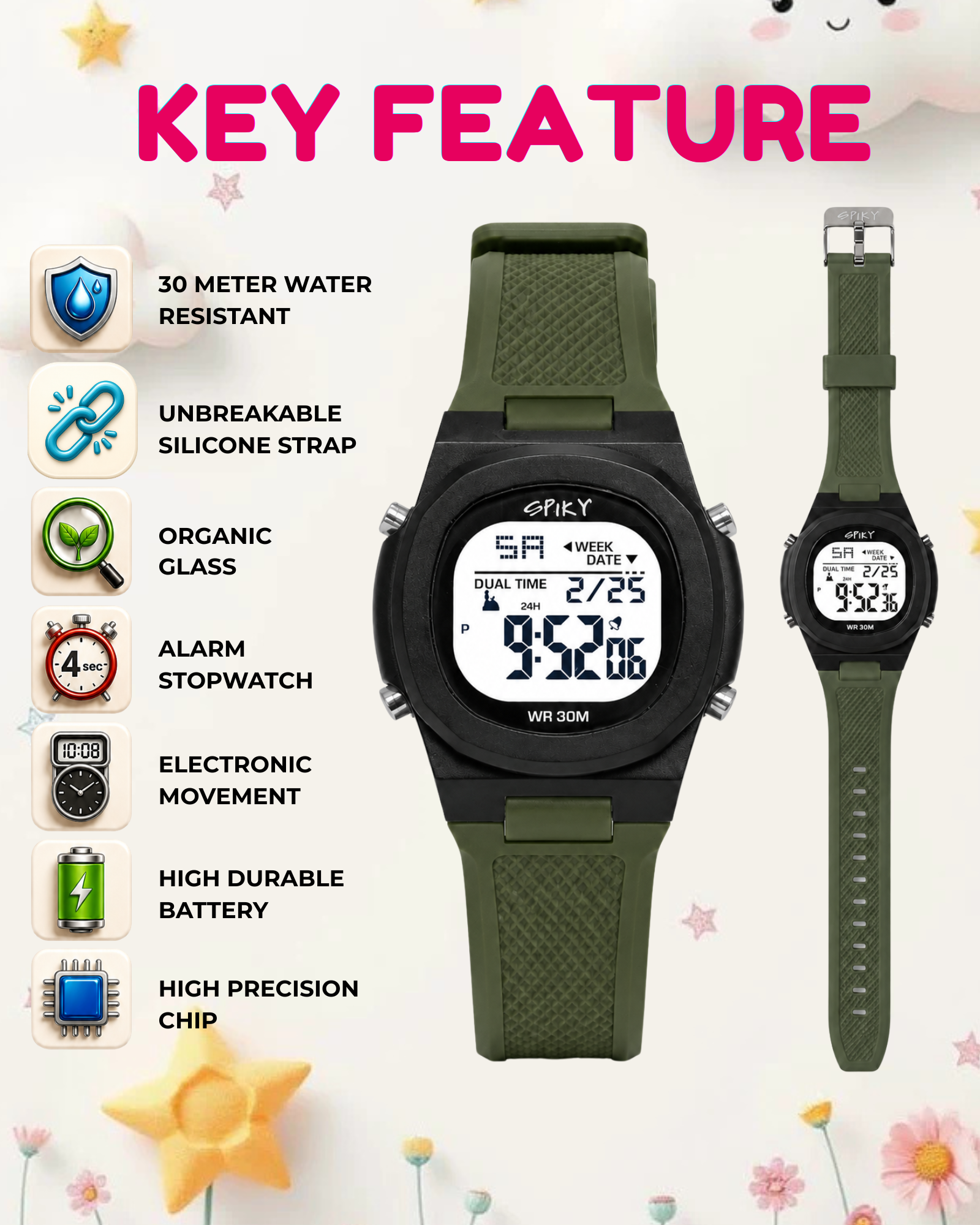 Spiky EVA65 Round Digital Sports Watch for Kids