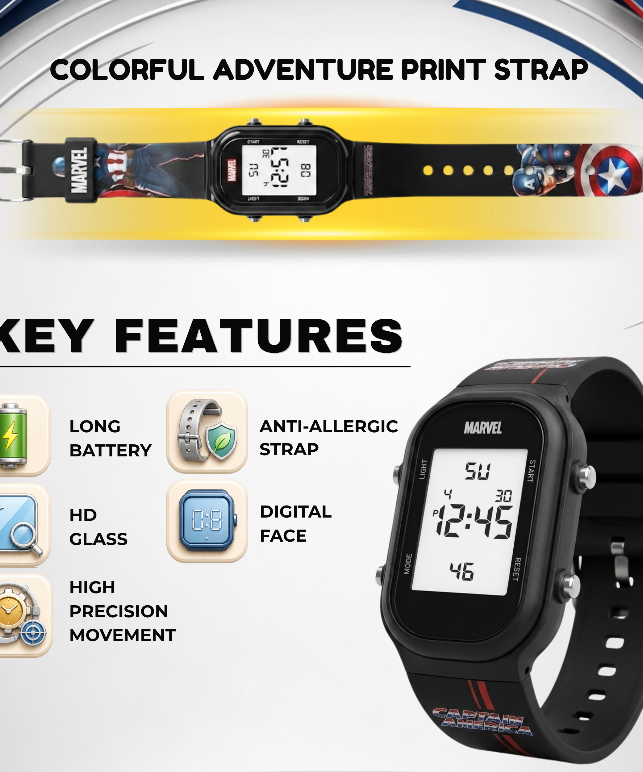 Spiky Captain America theme Digital Kids Watch