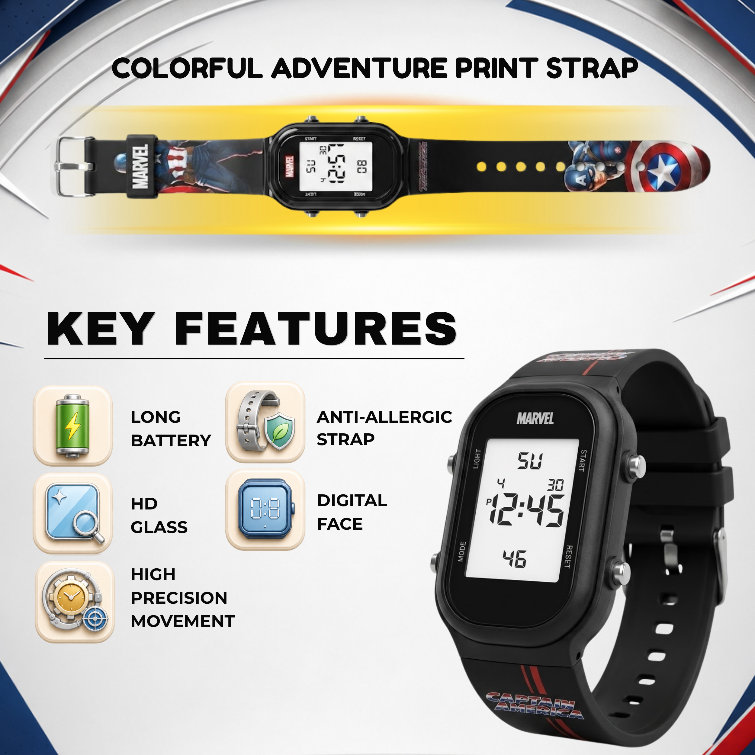 Spiky Captain America theme Digital Kids Watch