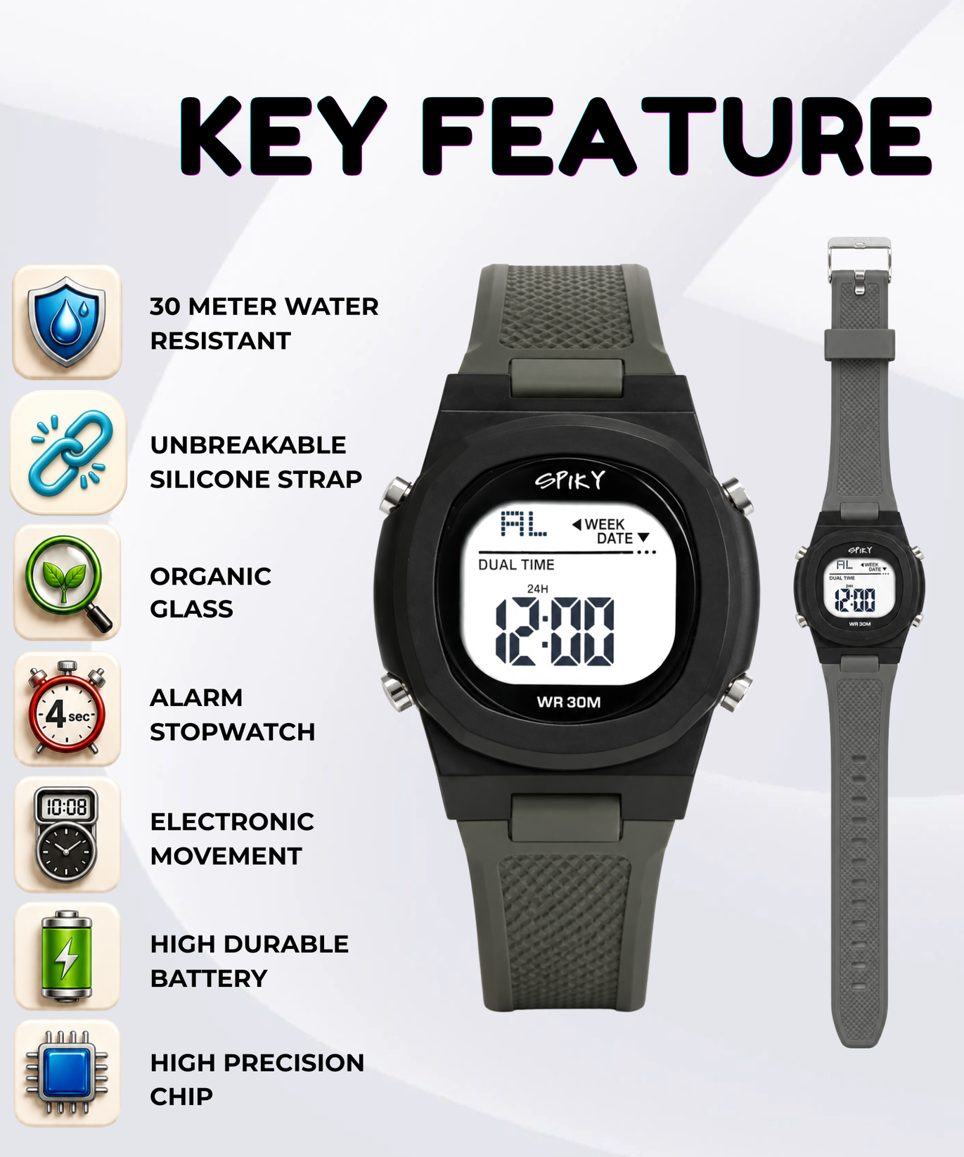 Spiky EVA65 Round Digital Sports Watch for Kids