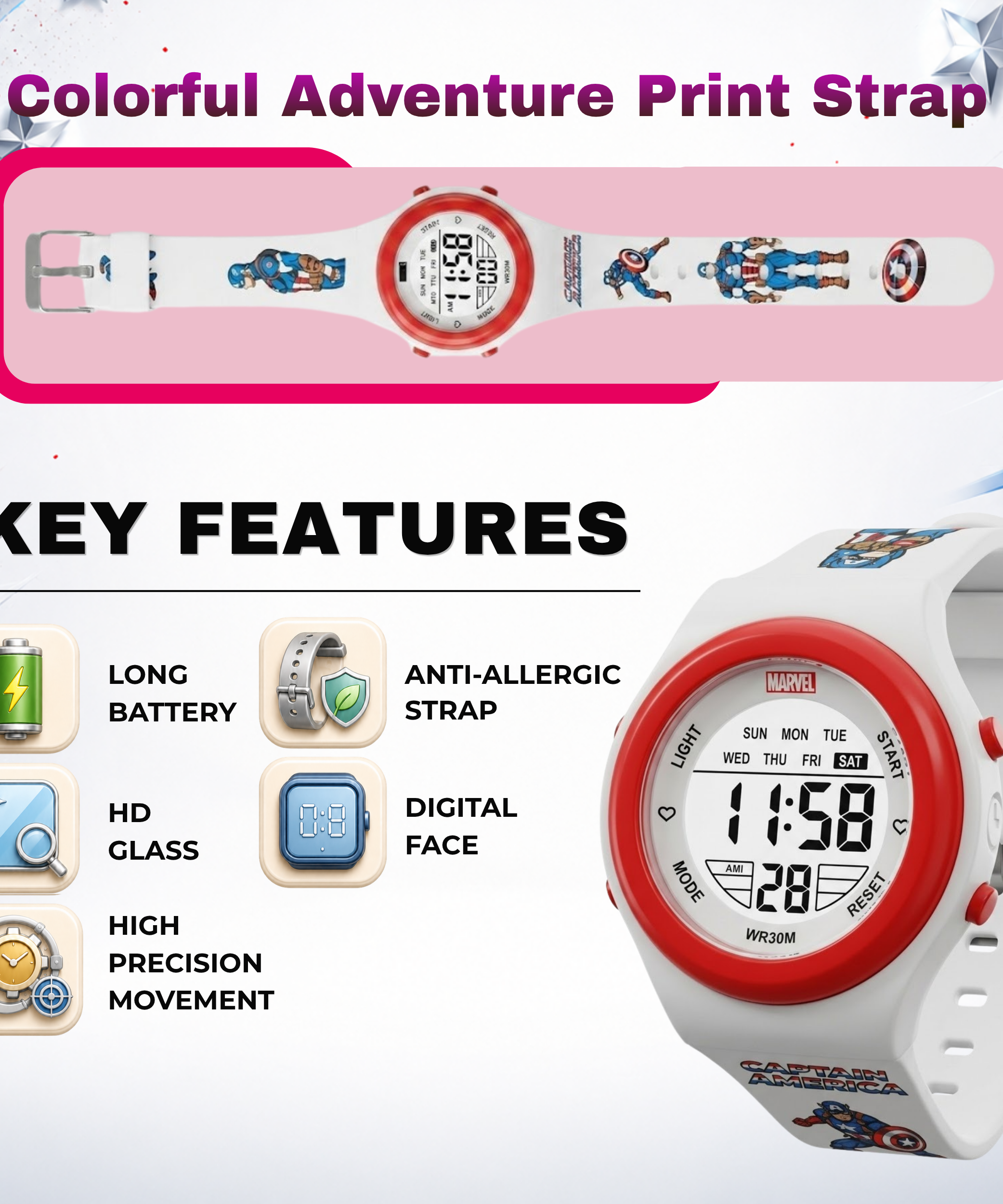 Spiky Captain America theme Digital Kids Watch