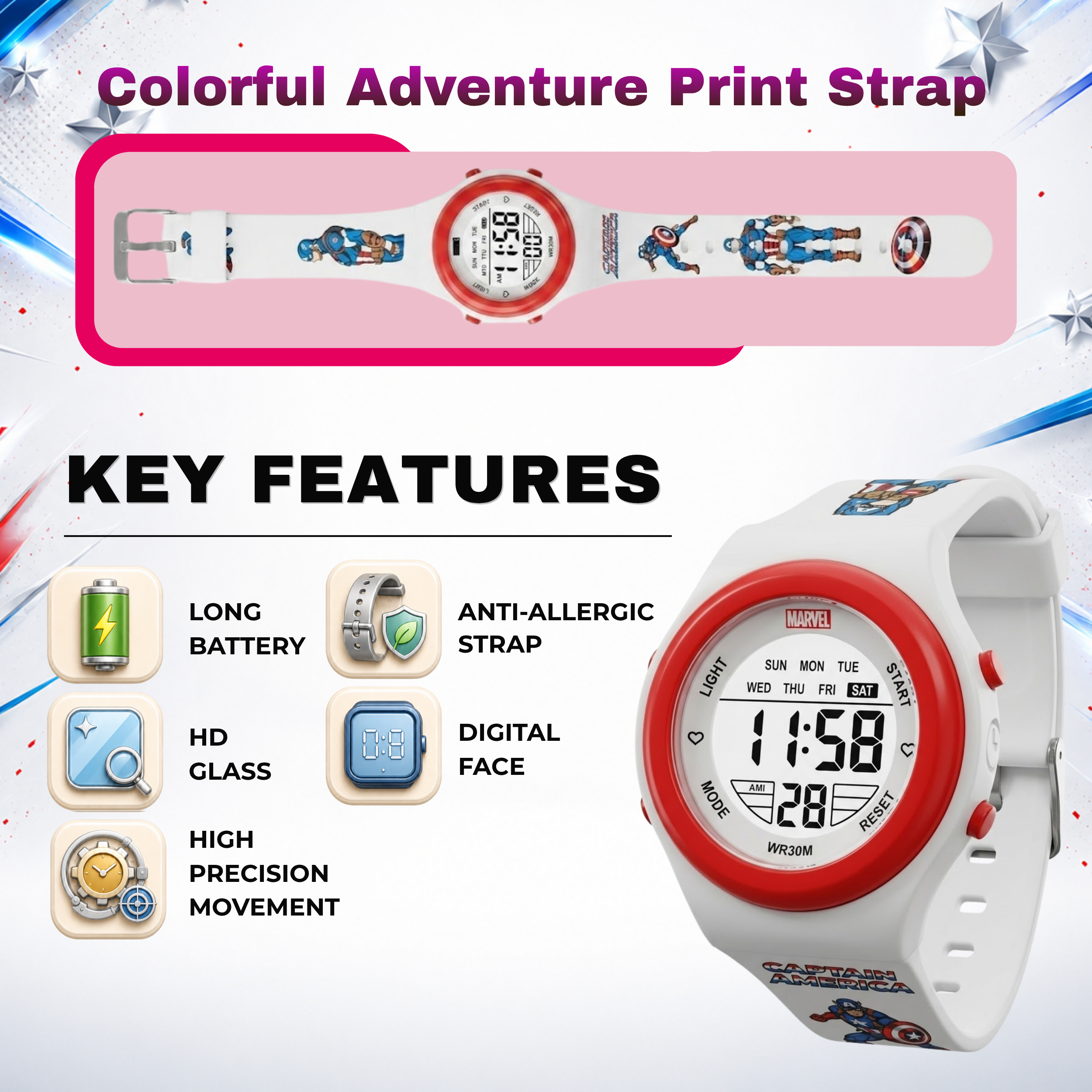 Spiky Captain America theme Digital Kids Watch