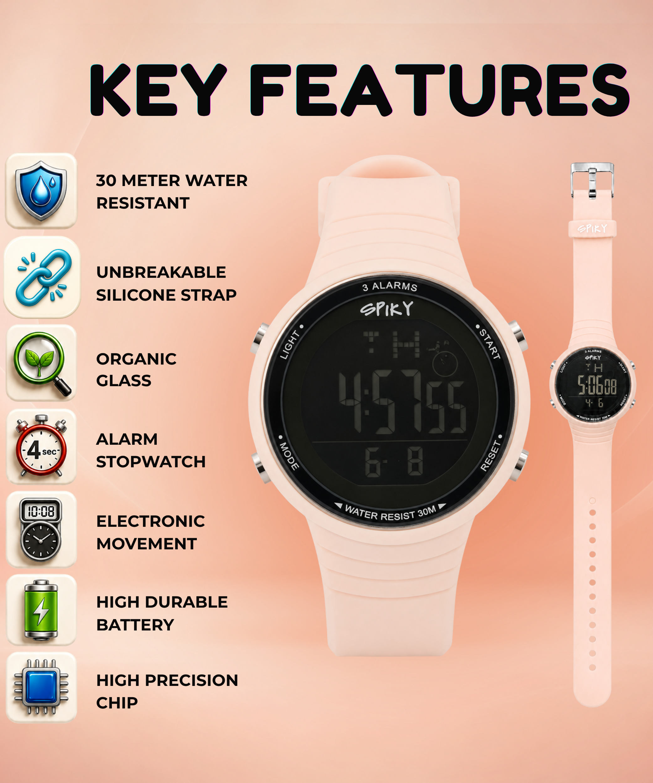 Spiky Square Digital Sports Watch for Kids Girls