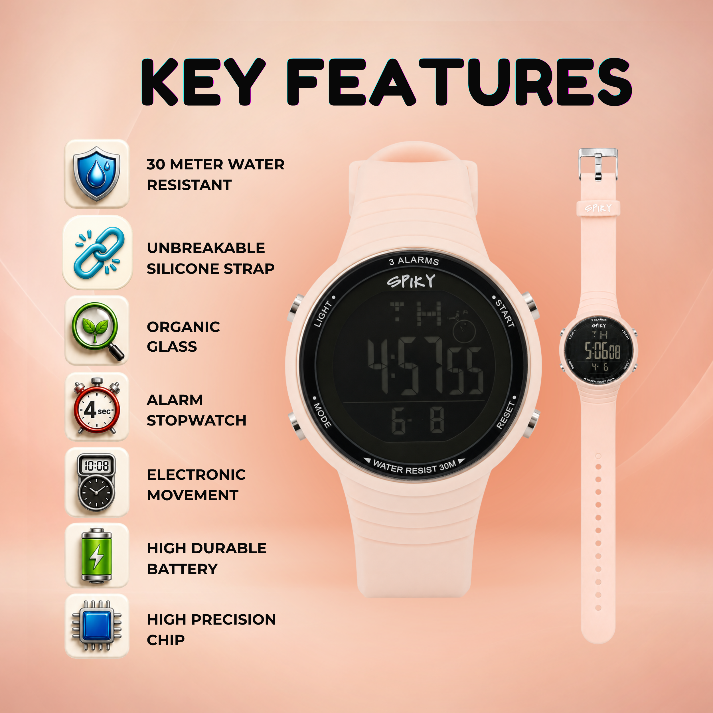 Spiky Square Digital Sports Watch for Kids Girls