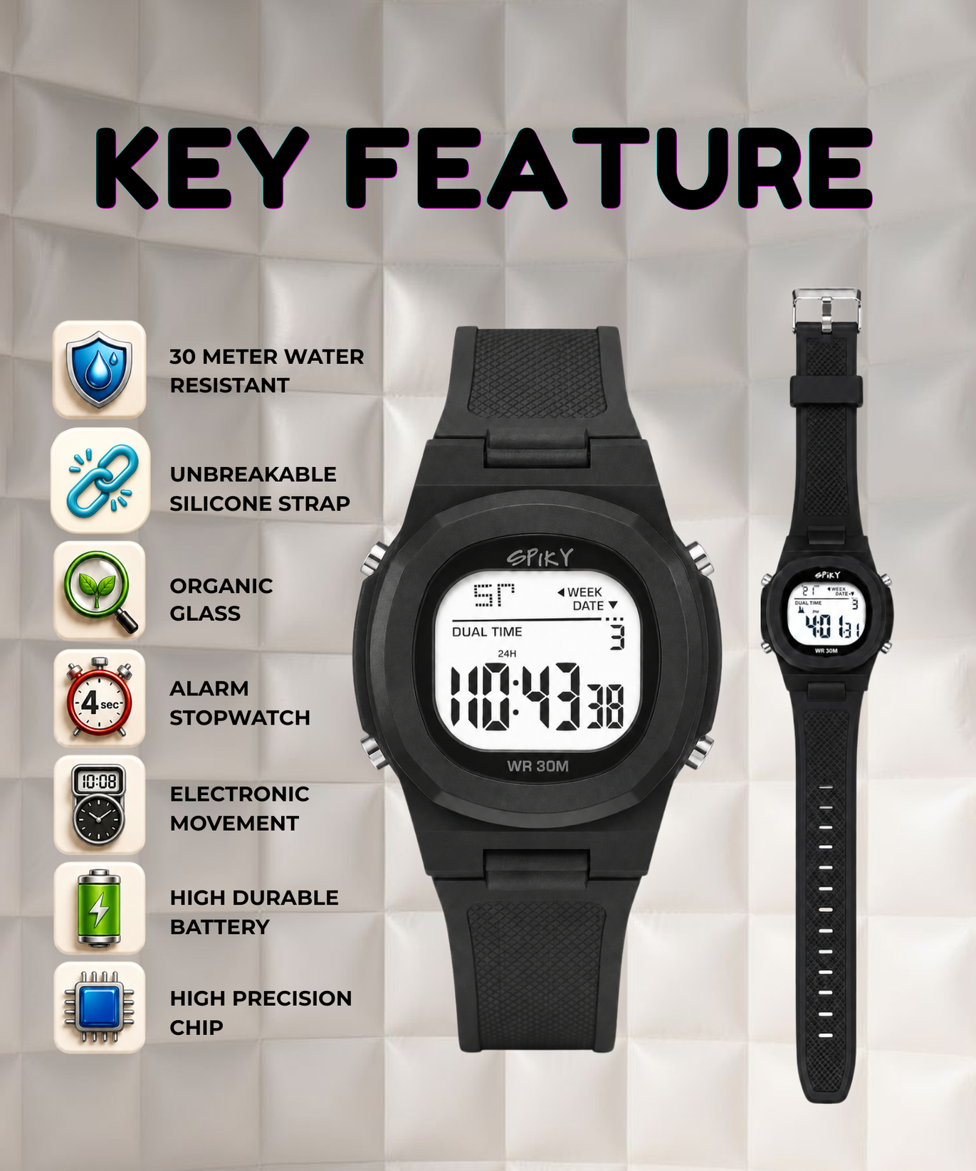 Spiky EVA65 Round Digital Sports Watch for Kids