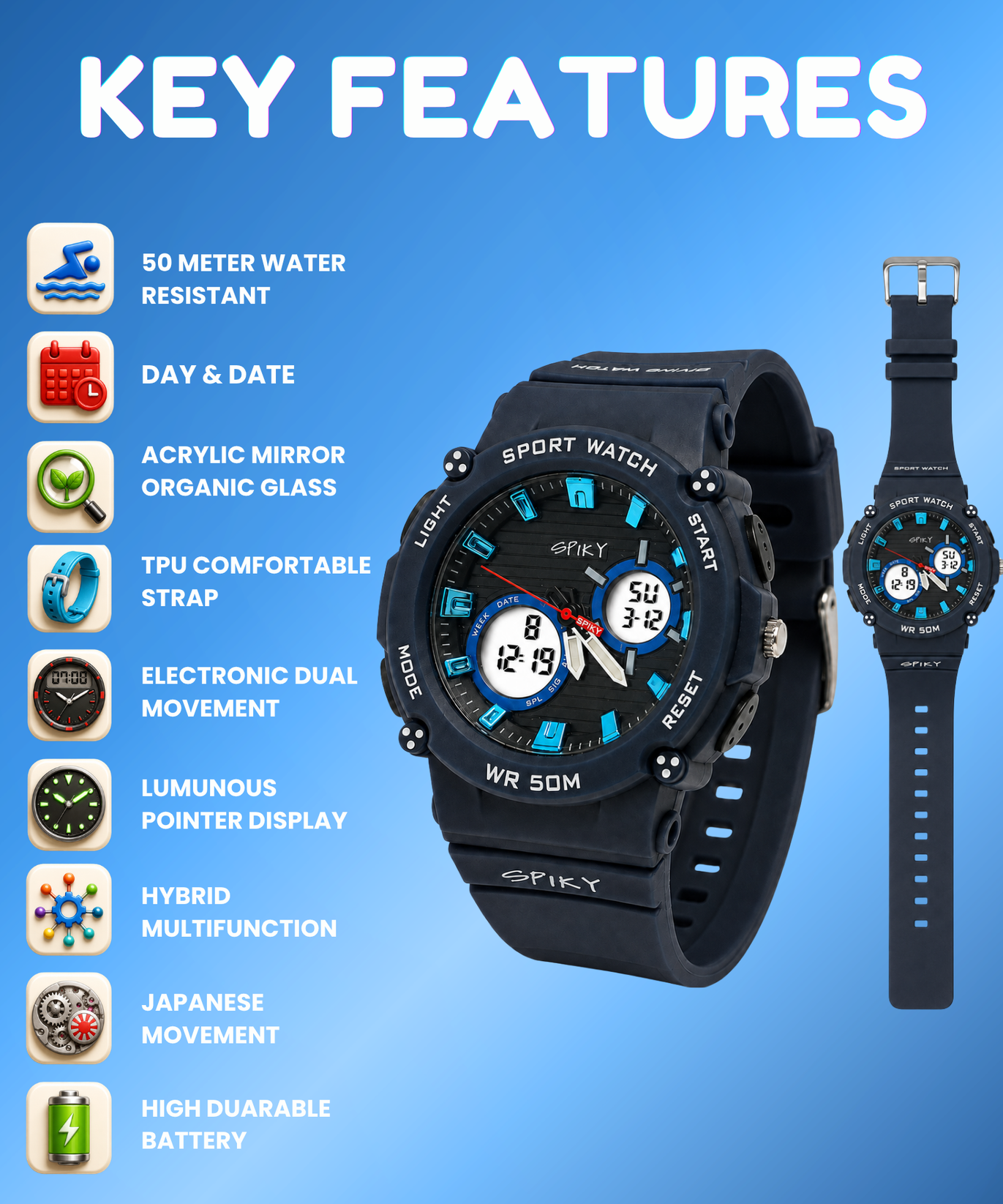 Spiky Analog-Digital Sports Watch for Kids Boys