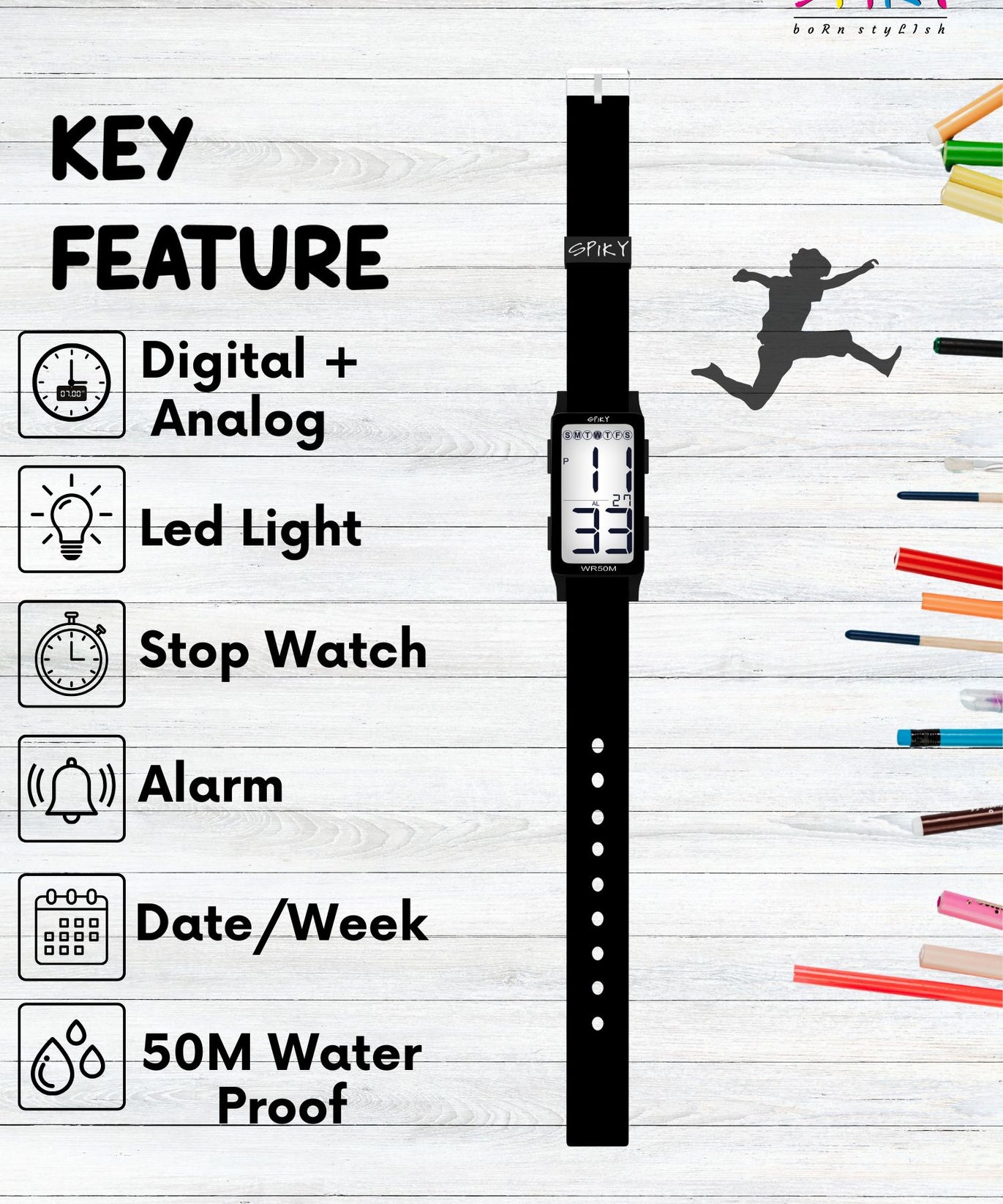 Spiky Multi-functional Digital Sports Watch for Kids EVA44