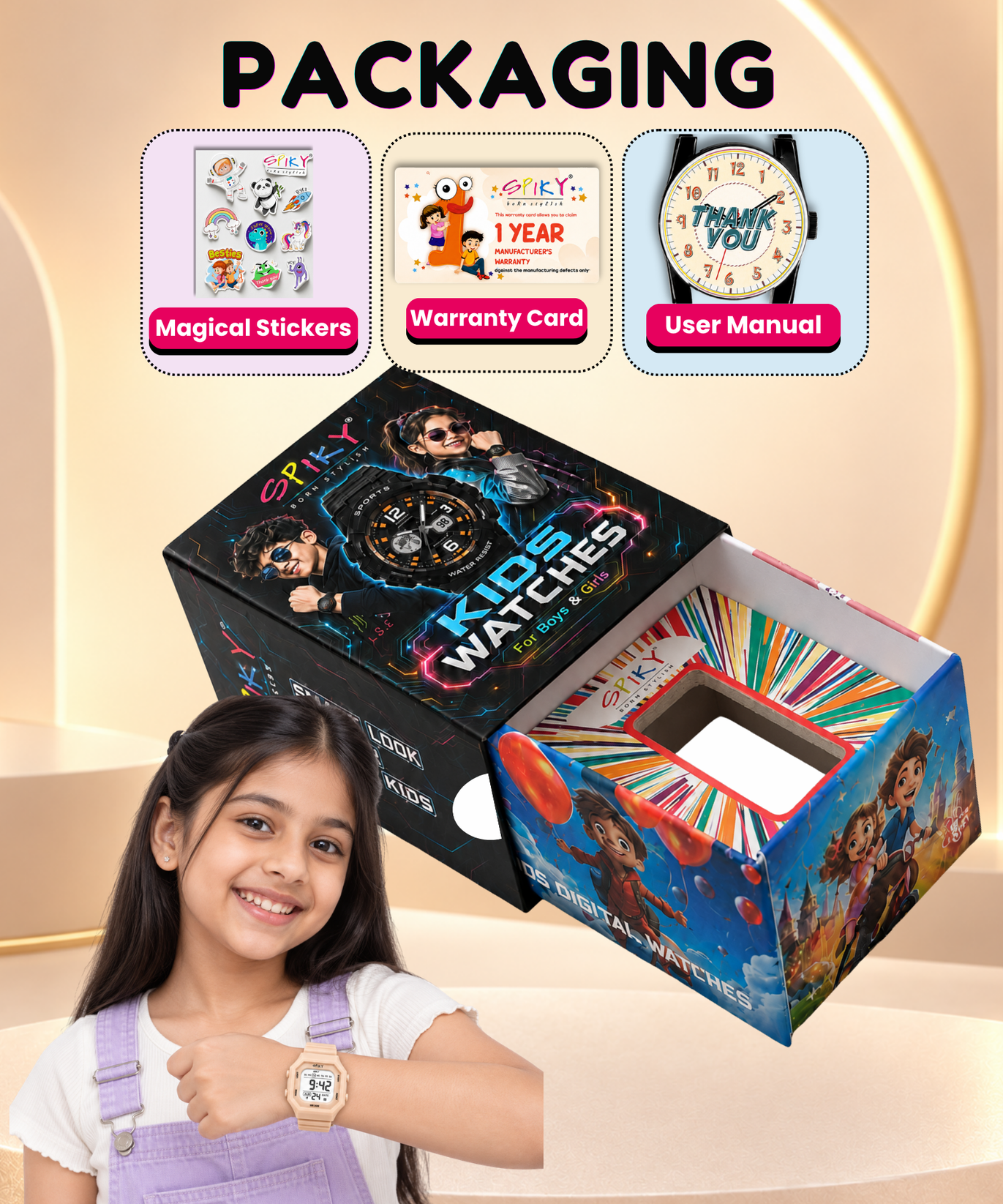 Spiky Square Digital Kids Watch for Girls