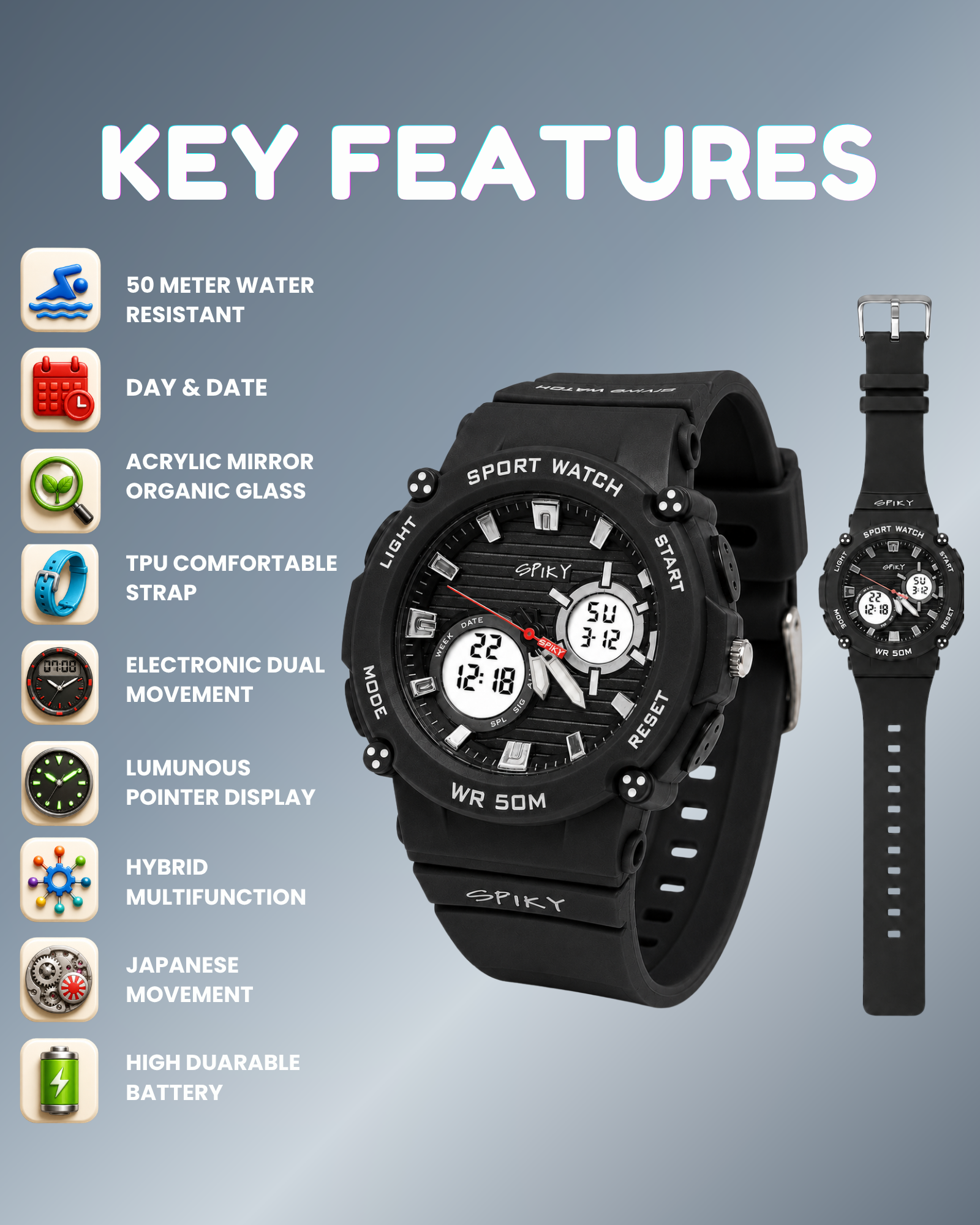 Spiky Analog-Digital Sports Watch for Kids Boys and Girls