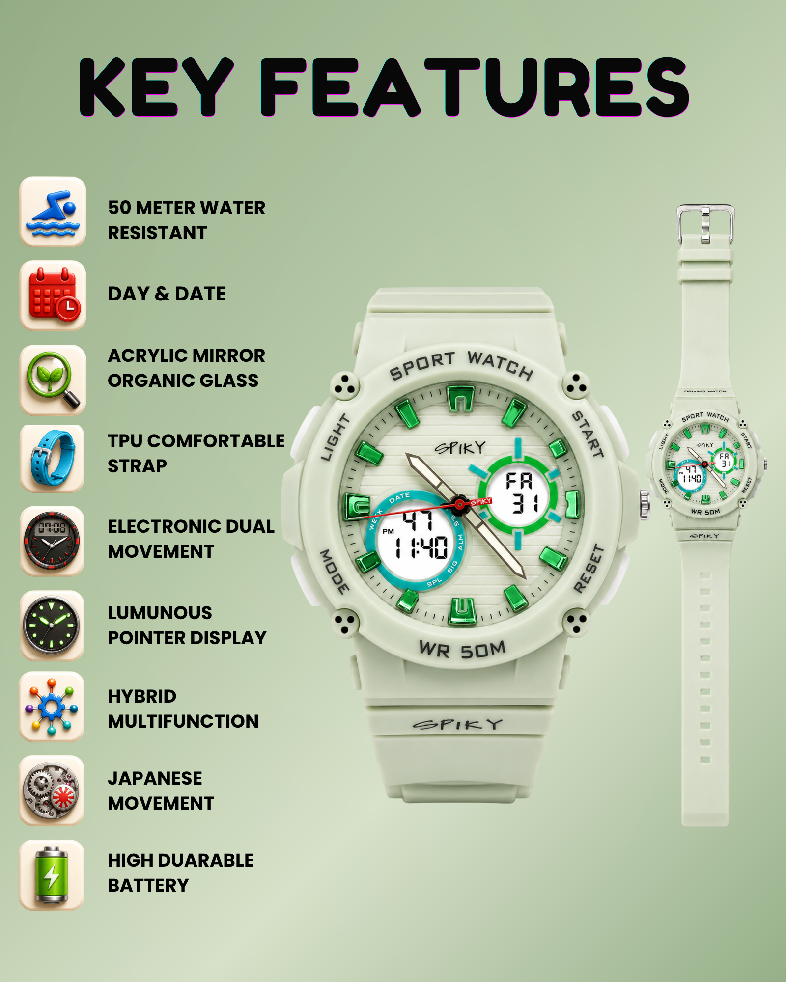 Spiky Analog-Digital Sports Watch for Kids Boys and Girls