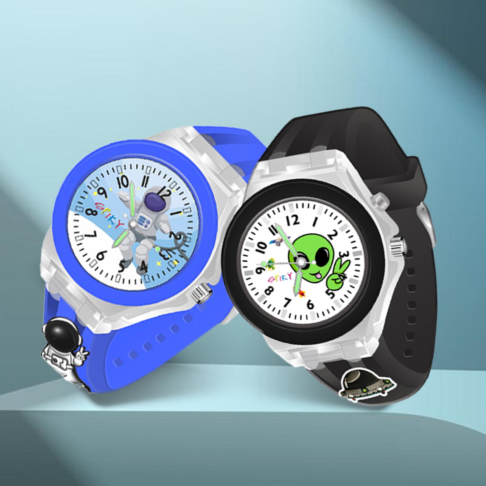 Spiky 3D Astronaut & Spaceship Cartoon Analog Light Watch Combo - Black & Blue