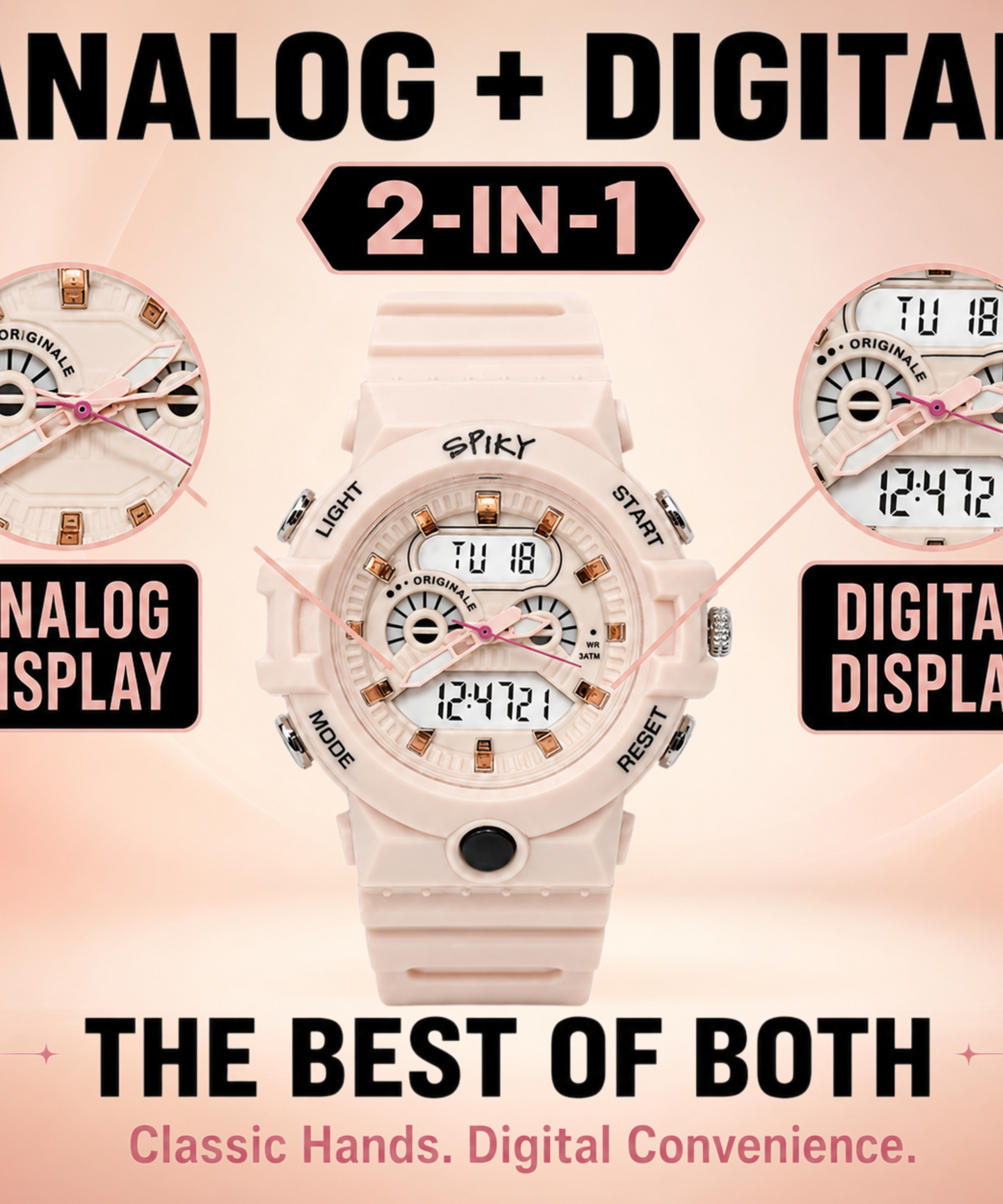 Spiky Round Analog Digital  Sports Watch for Kids Girls